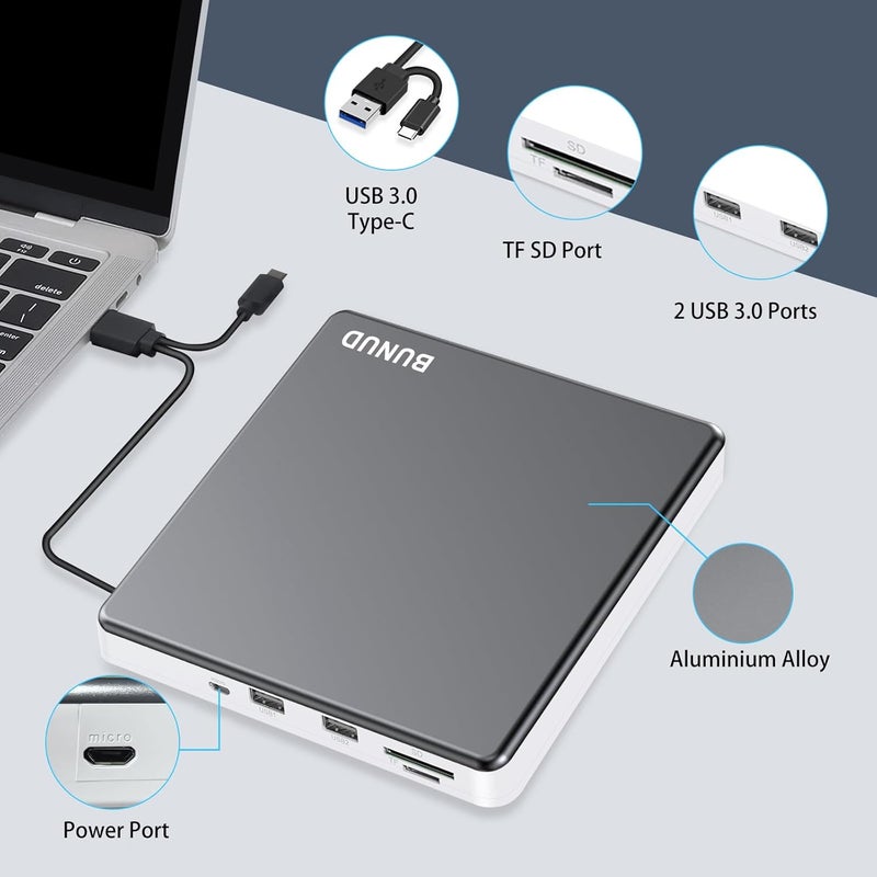 BVNUD محرك DVD خارجي، Superdrive USB C لأبل، محرك DVD قابل للاحتراق والقراءة USB 3.0 لماك، محرك DVD خارجي محمول لأجهزة الكمبيوتر المحمولة ماك بوك ويندوز 11 10 PC لينوكس OS - Image 4
